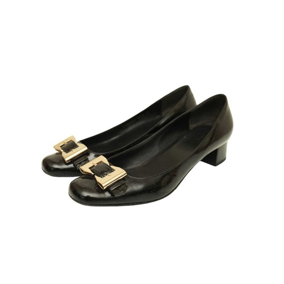 Gucci Black Patent Leather Gold Tone Bow Buckle Low Heel Pumps Shoes - Picture 2 of 10